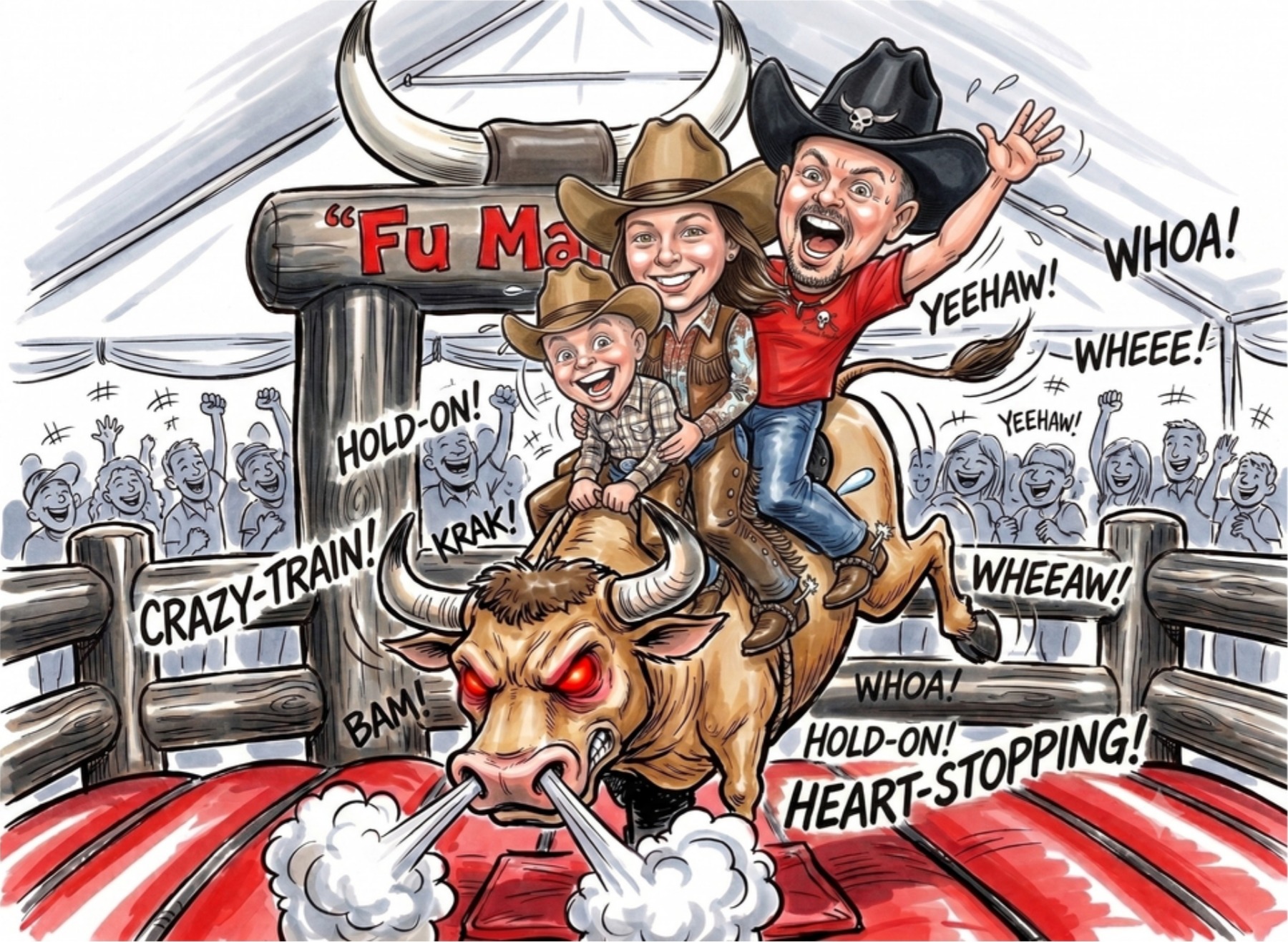 Cartoon of the Fischer family riding Fu Manchu the mechanical bull together