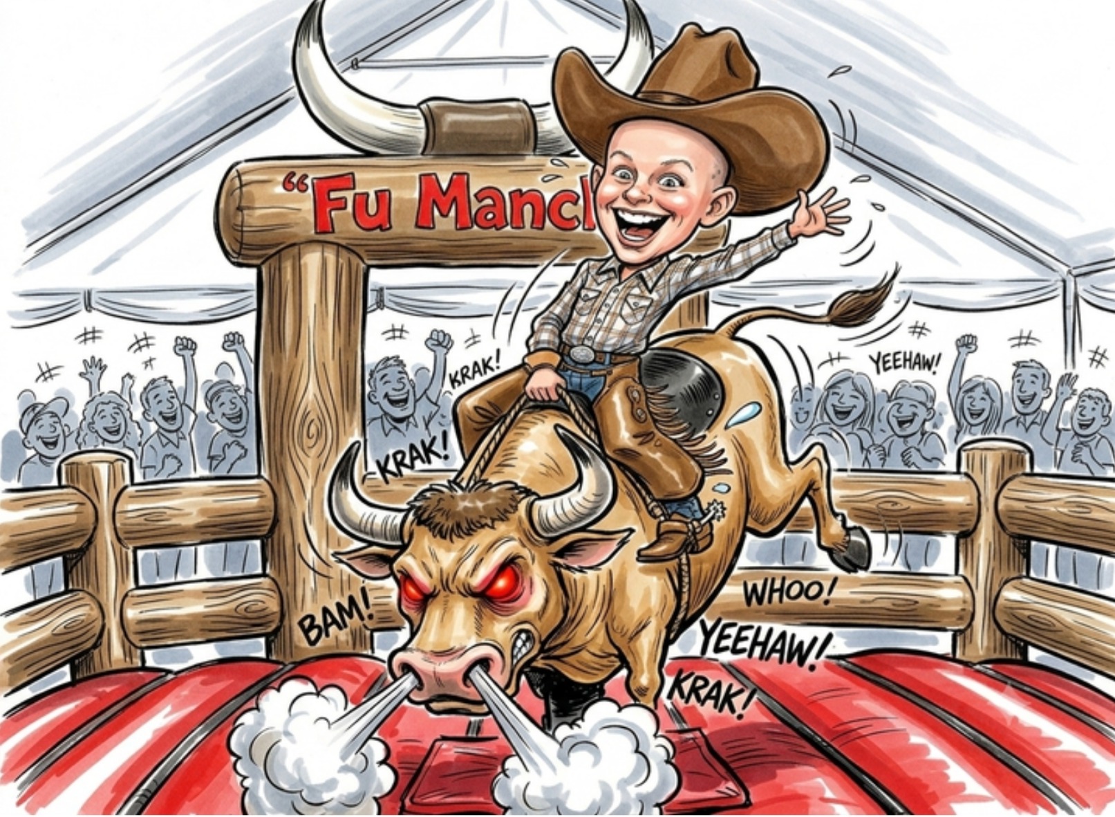 Cartoon of Gage riding Fu Manchu the mechanical bull