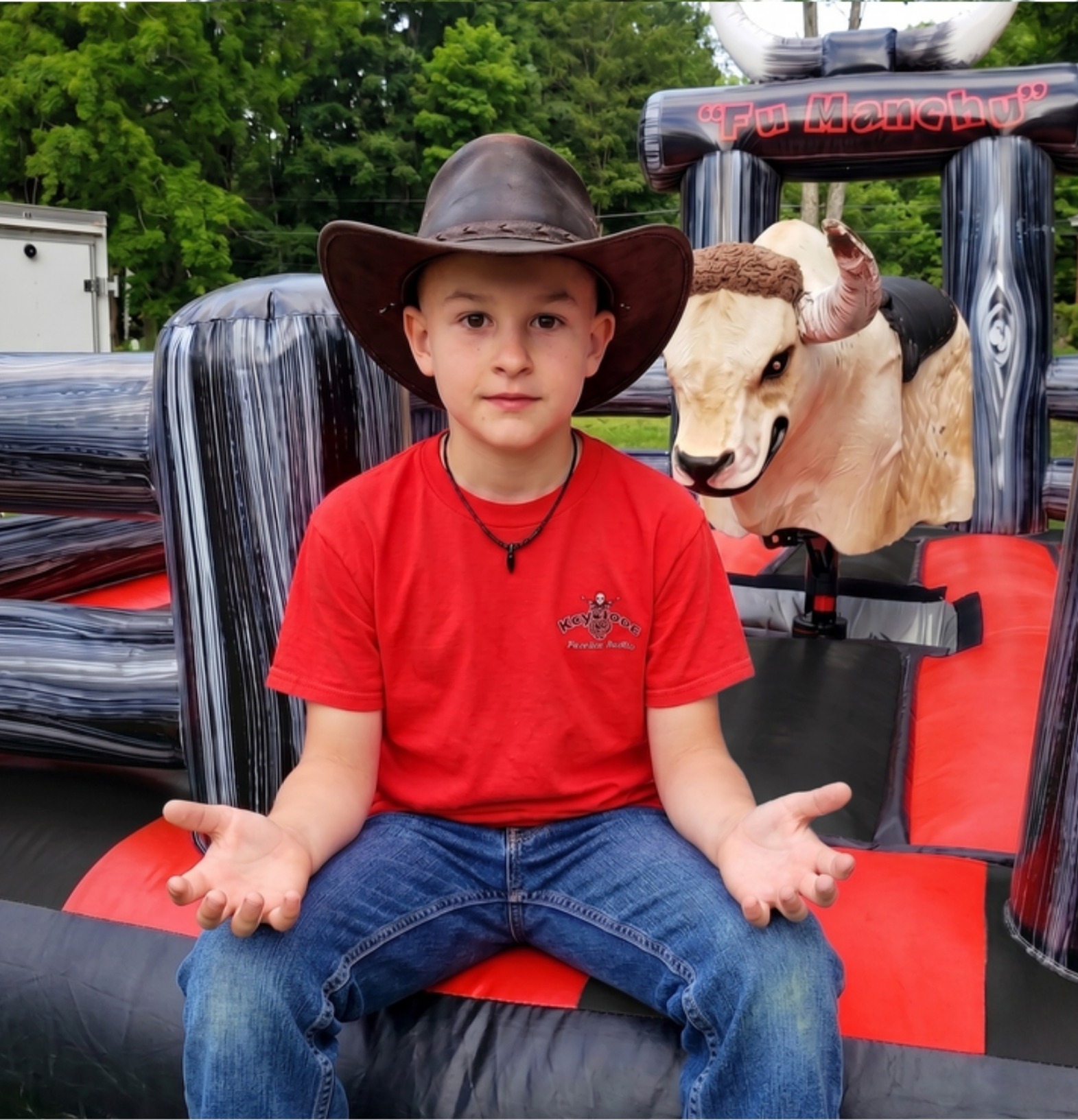 Gage with Fu Manchu the mechanical bull