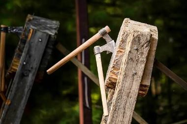 Axes set up for throwing at a Keystone Rodeo event