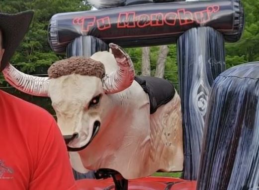 Close-up of Fu Manchu the mechanical bull's head