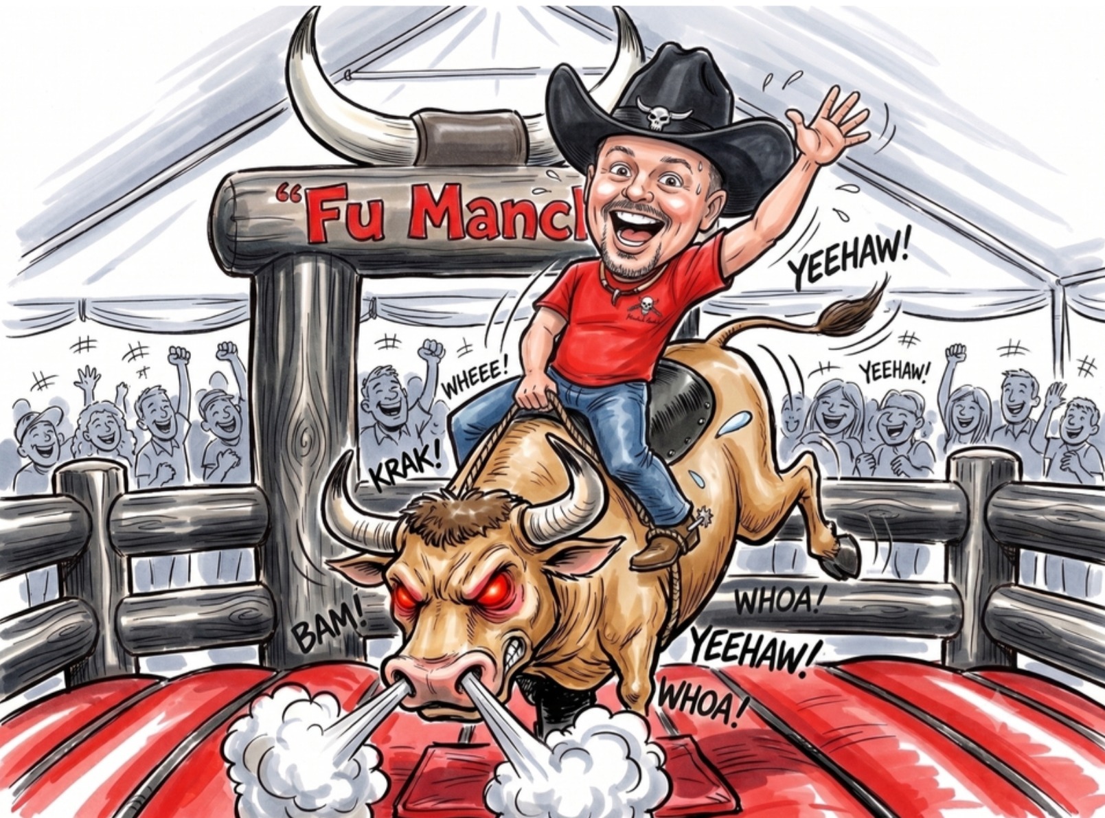 Cartoon of Heath riding Fu Manchu the mechanical bull