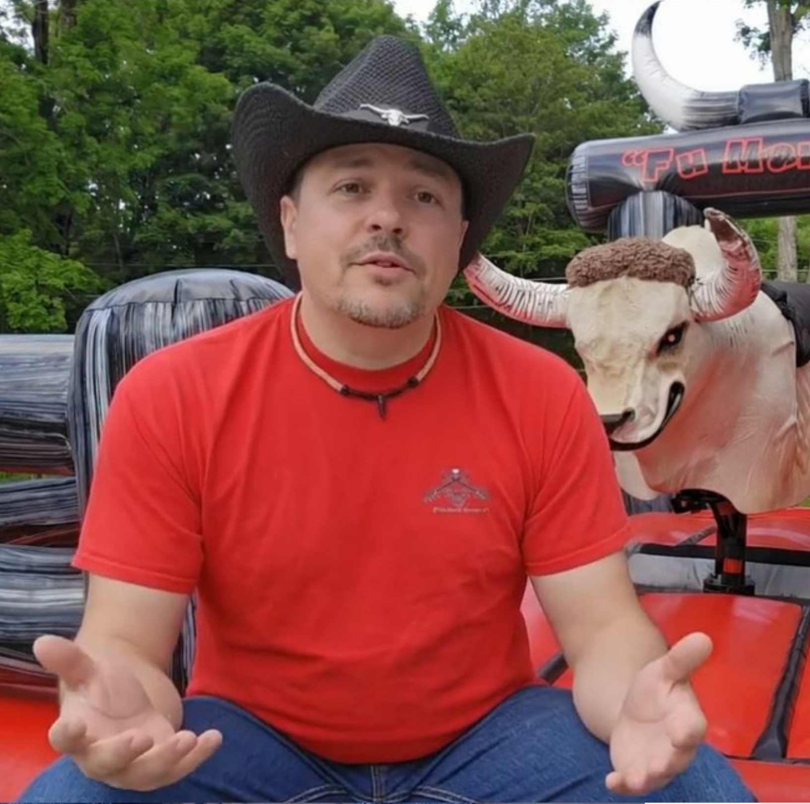 Heath with Fu Manchu the mechanical bull