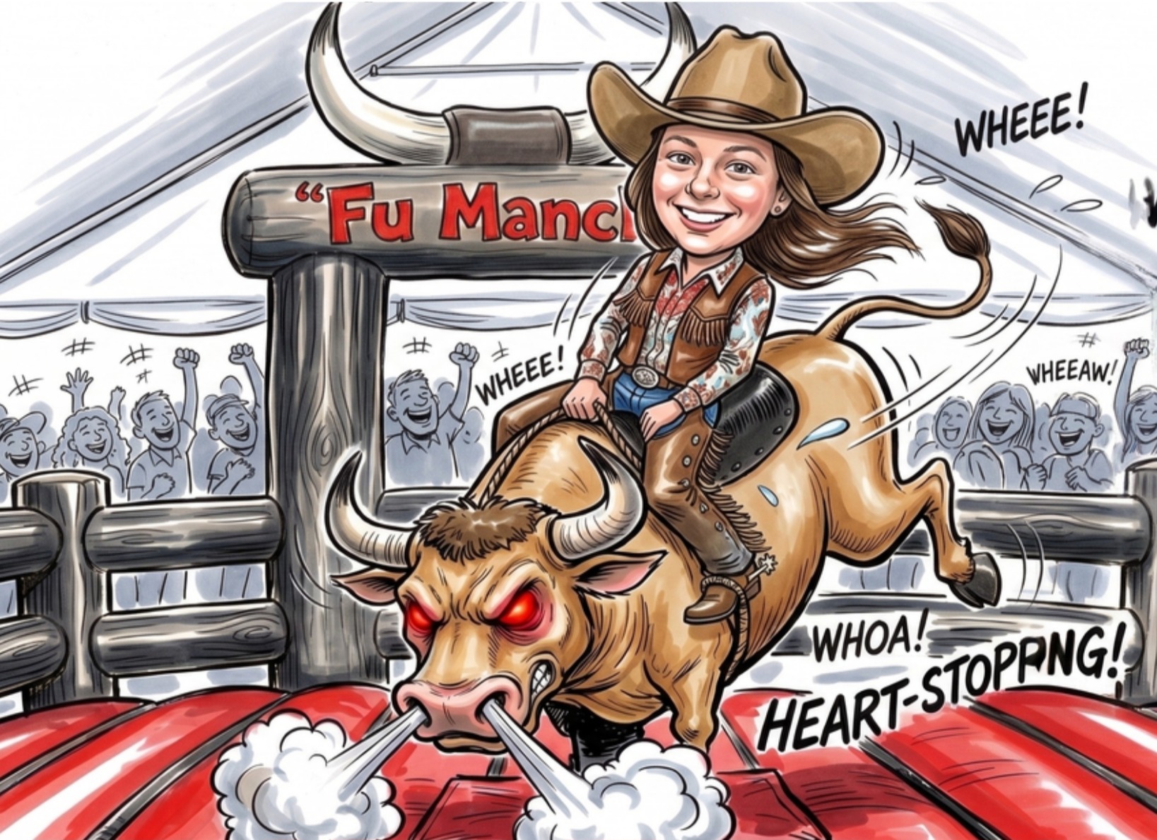 Cartoon of Jasmine riding Fu Manchu the mechanical bull