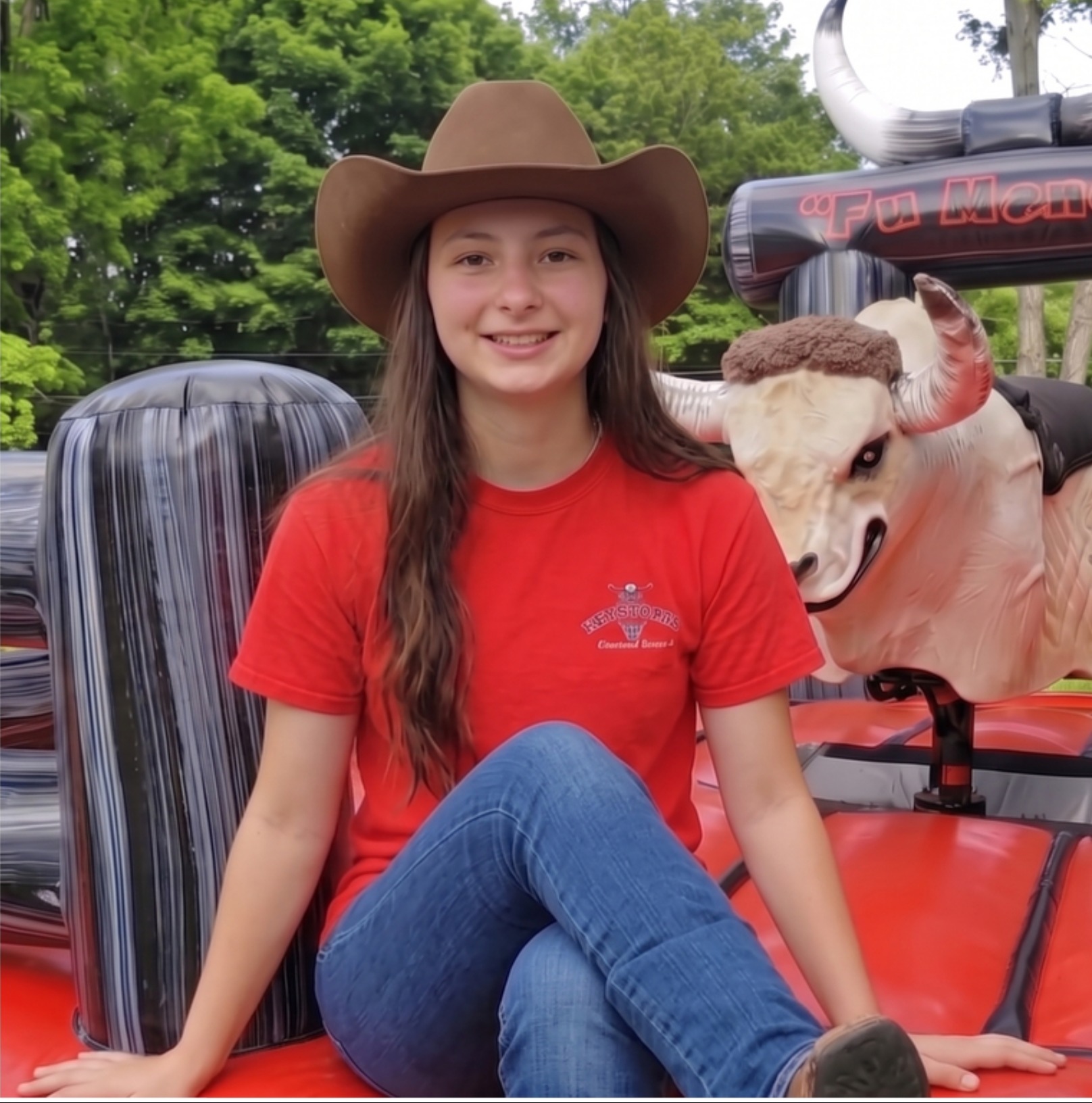 Jasmine with Fu Manchu the mechanical bull